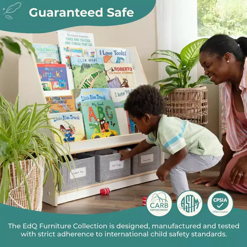 Children's Wooden Book and Bin Display Shelf with 4 Fabric Bins