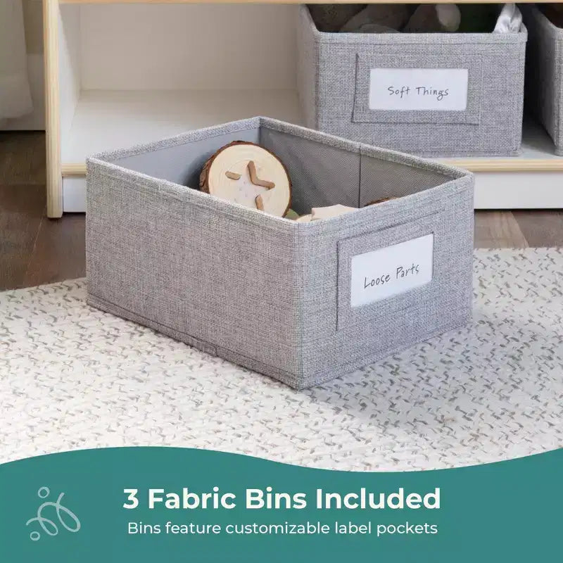 Children's Wooden Book and Bin Display Shelf with 4 Fabric Bins