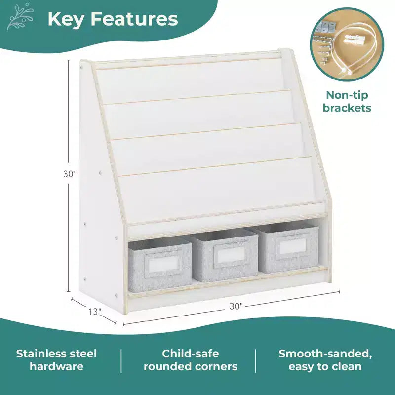 Children's Wooden Book and Bin Display Shelf with 4 Fabric Bins