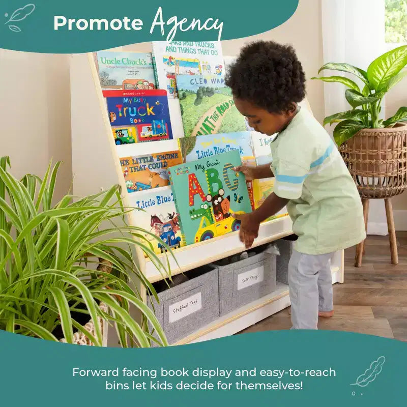 Children's Wooden Book and Bin Display Shelf with 4 Fabric Bins