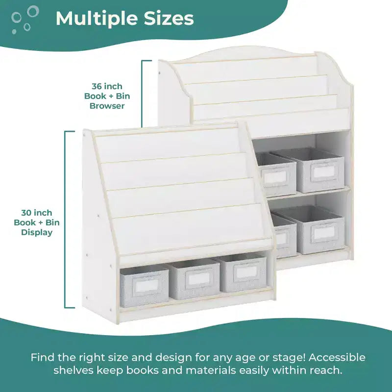 Children's Wooden Book and Bin Display Shelf with 4 Fabric Bins