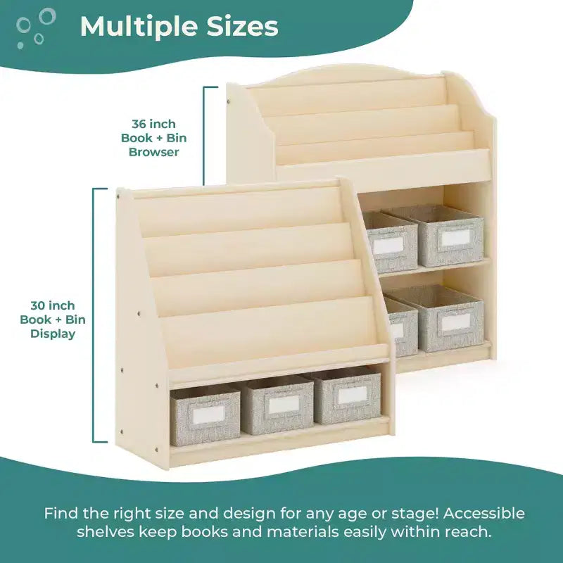 Children's Wooden Book and Bin Display Shelf with 4 Fabric Bins