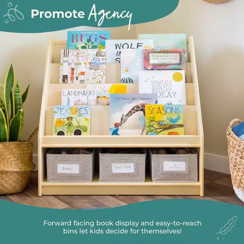 Children's Wooden Book and Bin Display Shelf with 4 Fabric Bins