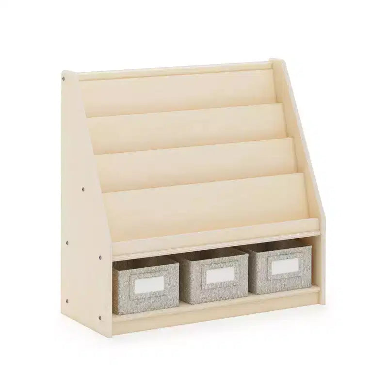 Children's Wooden Book and Bin Display Shelf with 4 Fabric Bins
