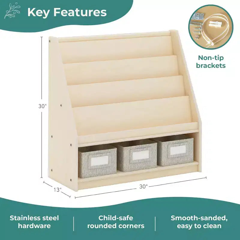 Children's Wooden Book and Bin Display Shelf with 4 Fabric Bins