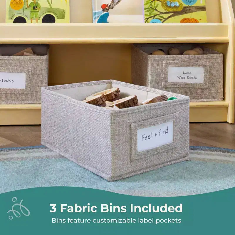 Children's Wooden Book and Bin Display Shelf with 4 Fabric Bins