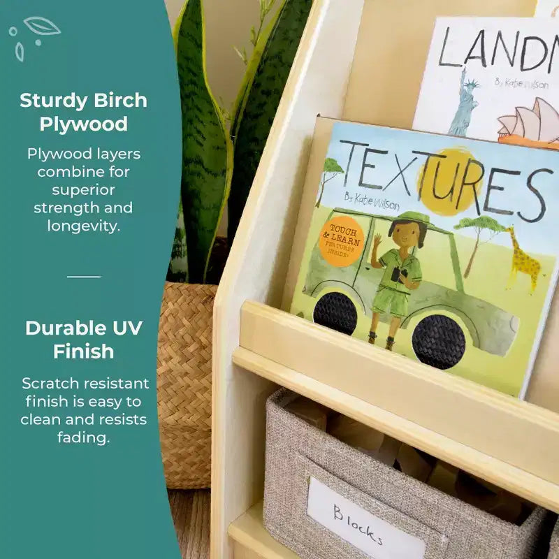 Children's Wooden Book and Bin Display Shelf with 4 Fabric Bins