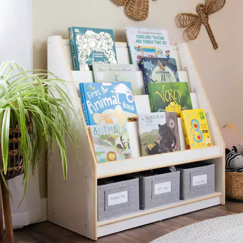 Children's Wooden Book and Bin Display Shelf with 4 Fabric Bins