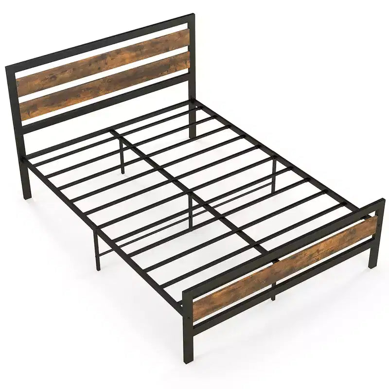 Full/Queen Industrial Metal Platform Bed with Rustic Wood Headboard