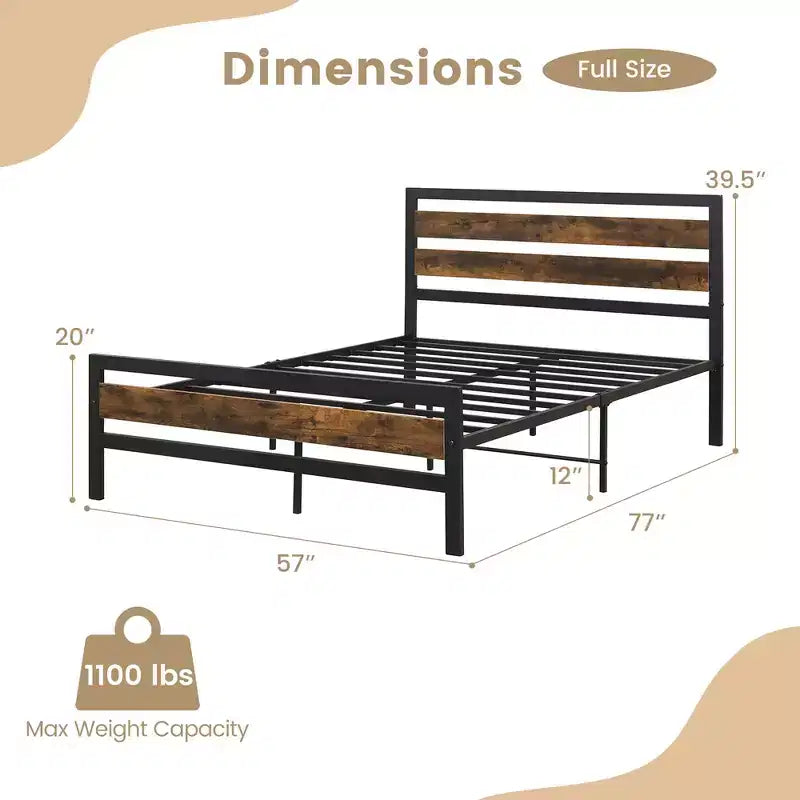 Full/Queen Industrial Metal Platform Bed with Rustic Wood Headboard