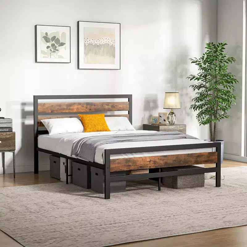 Full/Queen Industrial Metal Platform Bed with Rustic Wood Headboard
