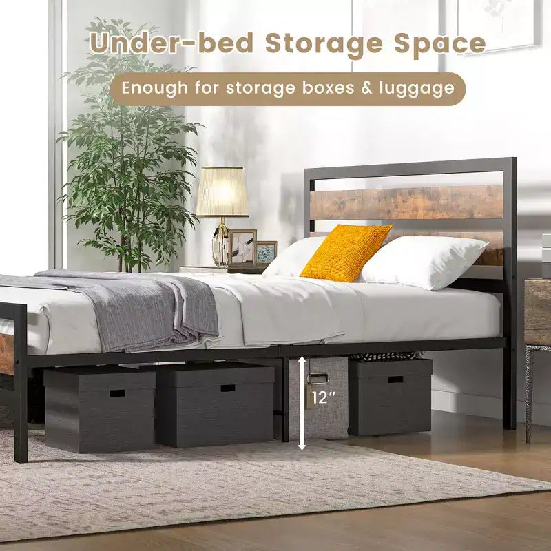 Full/Queen Industrial Metal Platform Bed with Rustic Wood Headboard