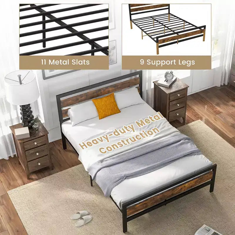 Full/Queen Industrial Metal Platform Bed with Rustic Wood Headboard