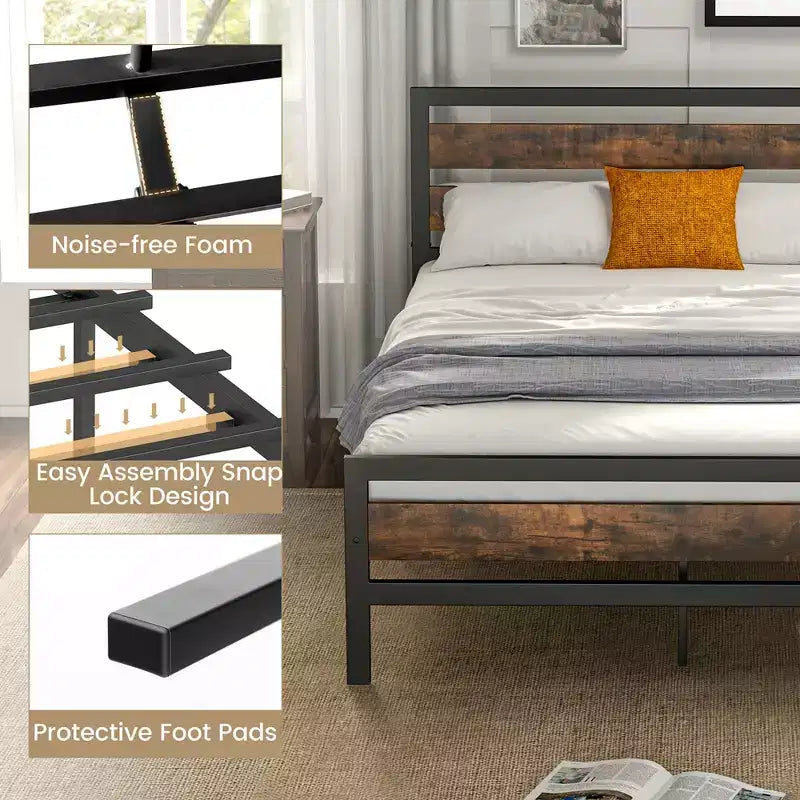 Full/Queen Industrial Metal Platform Bed with Rustic Wood Headboard