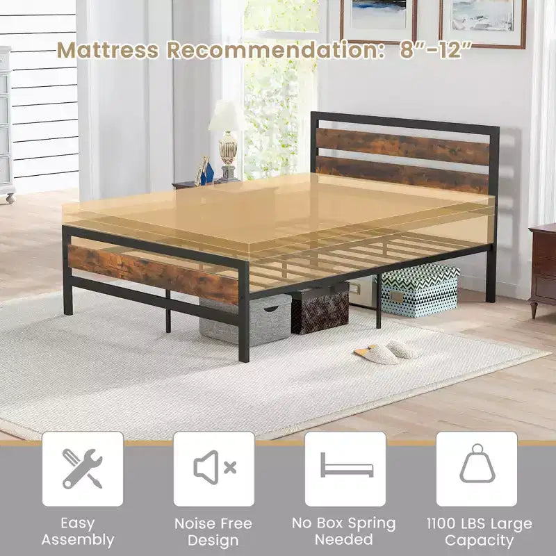 Full/Queen Industrial Metal Platform Bed with Rustic Wood Headboard