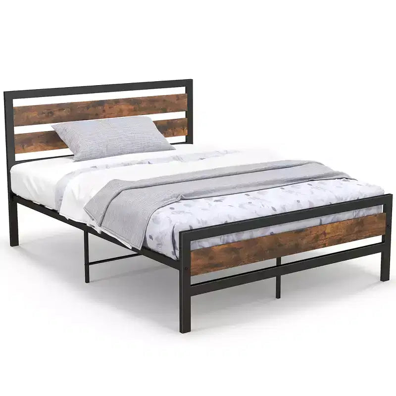 Full/Queen Industrial Metal Platform Bed with Rustic Wood Headboard