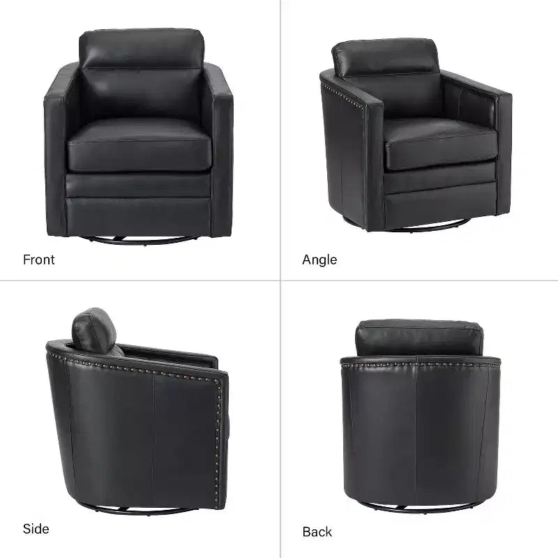 Wide Genuine Leather Swivel Accent Chair with Metal Base