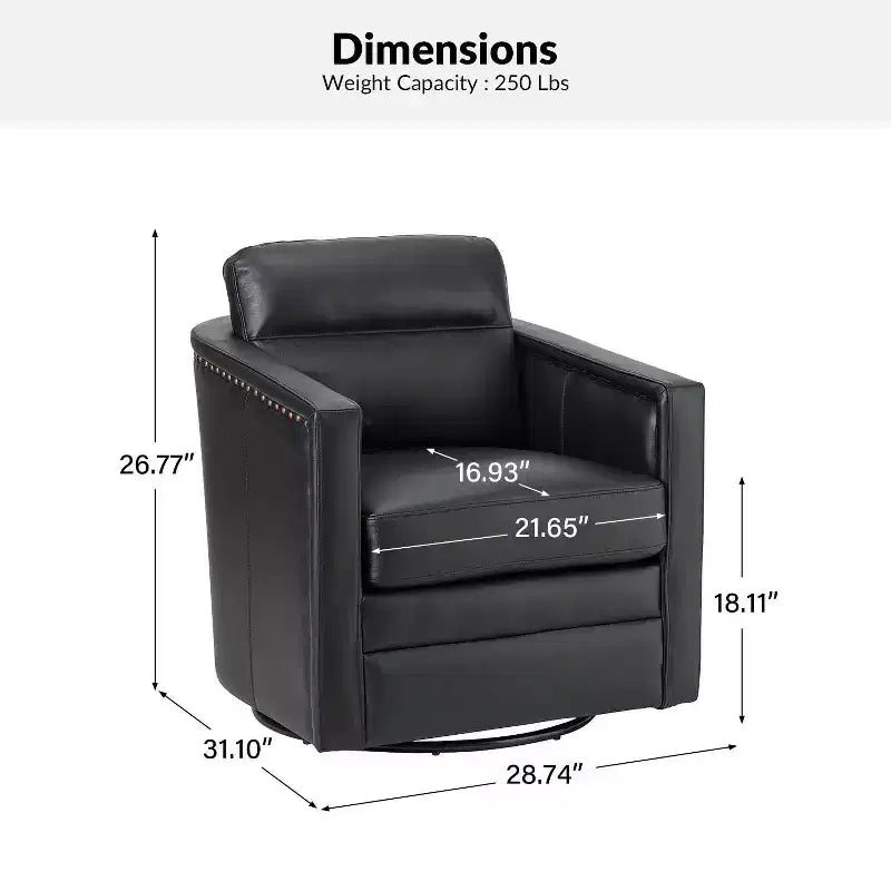 Wide Genuine Leather Swivel Accent Chair with Metal Base