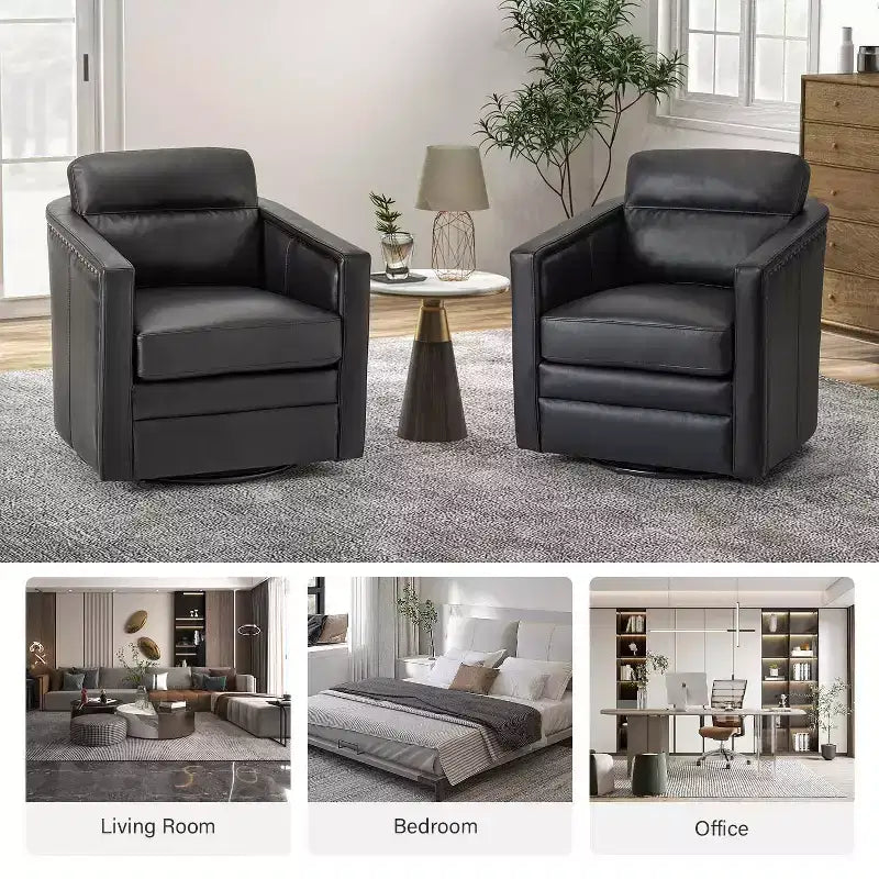 Wide Genuine Leather Swivel Accent Chair with Metal Base
