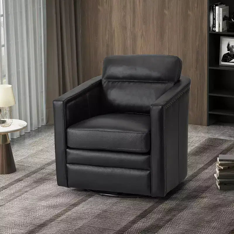 Wide Genuine Leather Swivel Accent Chair with Metal Base
