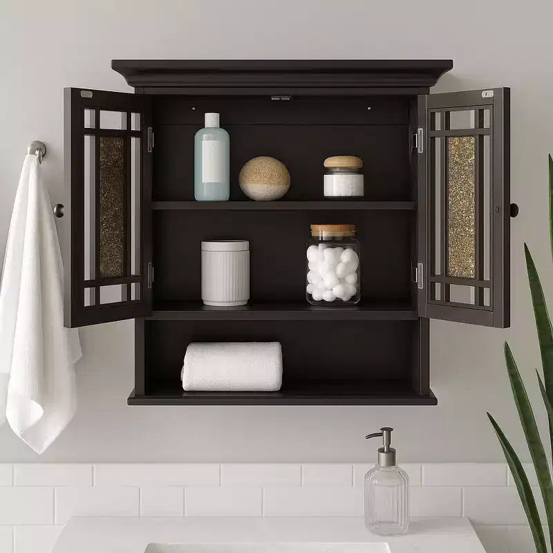 Two-Door Wall Cabinet with Glass Mosaic Doors in Dark Espresso