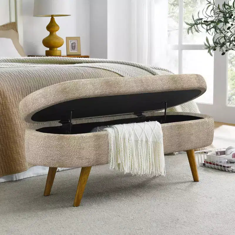 Oval Tufted Storage Bench with Rubberwood Legs