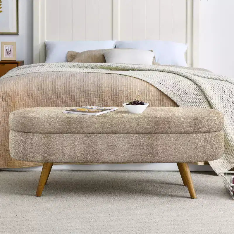 Oval Tufted Storage Bench with Rubberwood Legs