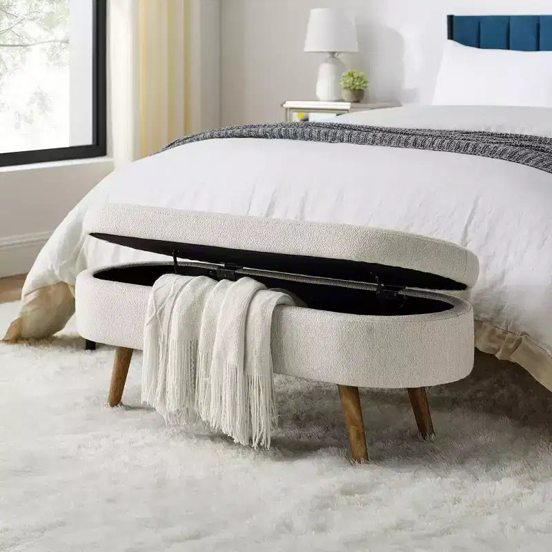 Oval Tufted Storage Bench with Rubberwood Legs