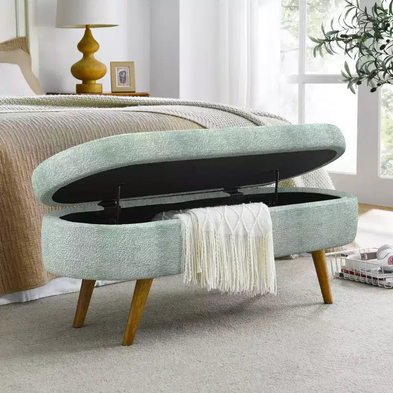 Oval Tufted Storage Bench with Rubberwood Legs