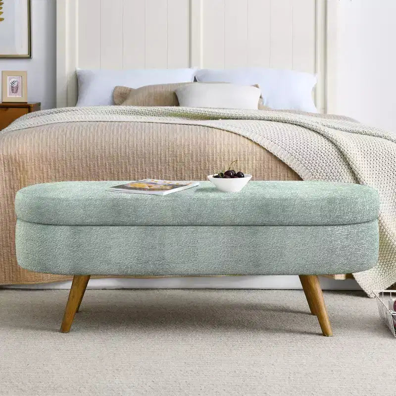 Oval Tufted Storage Bench with Rubberwood Legs