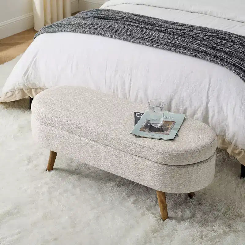 Oval Tufted Storage Bench with Rubberwood Legs