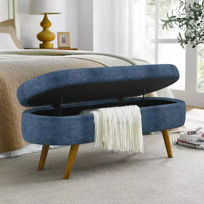 Oval Tufted Storage Bench with Rubberwood Legs