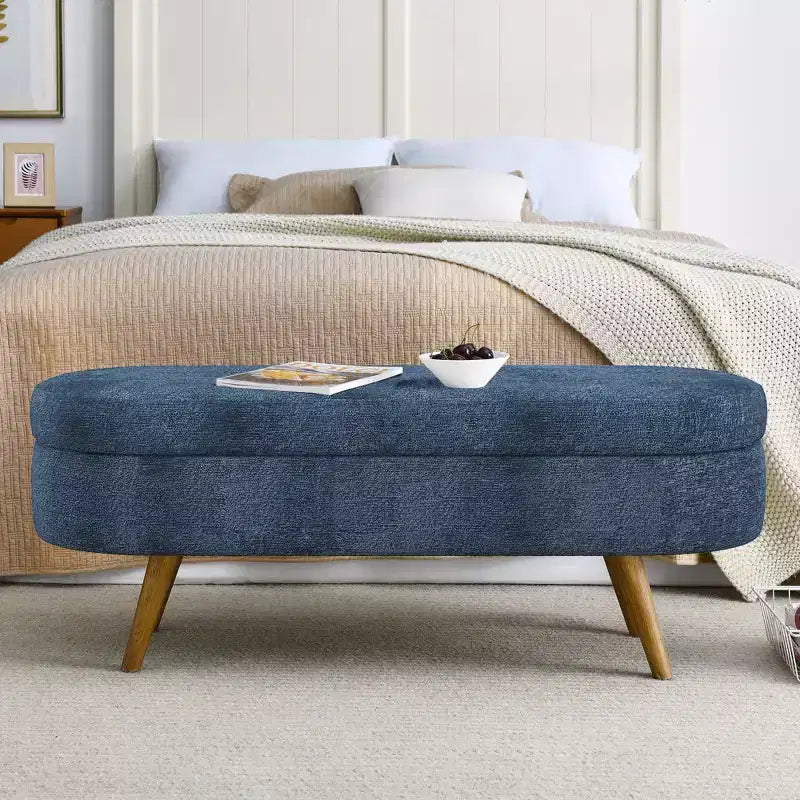 Oval Tufted Storage Bench with Rubberwood Legs