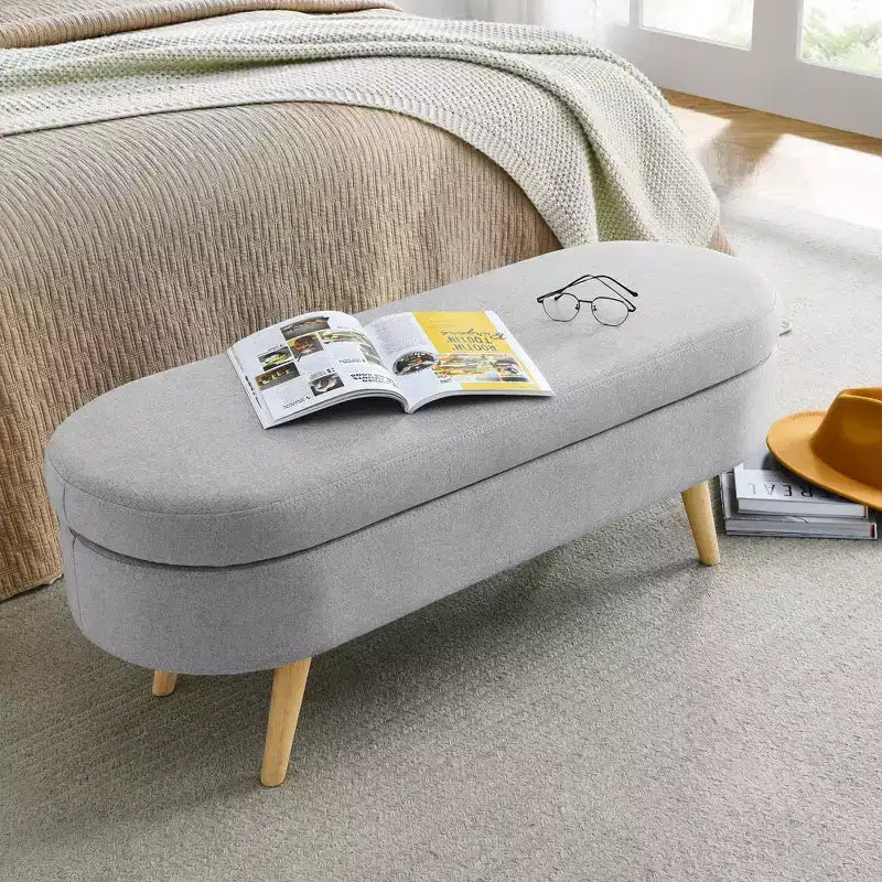 Oval Tufted Storage Bench with Rubberwood Legs