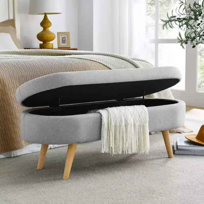 Oval Tufted Storage Bench with Rubberwood Legs
