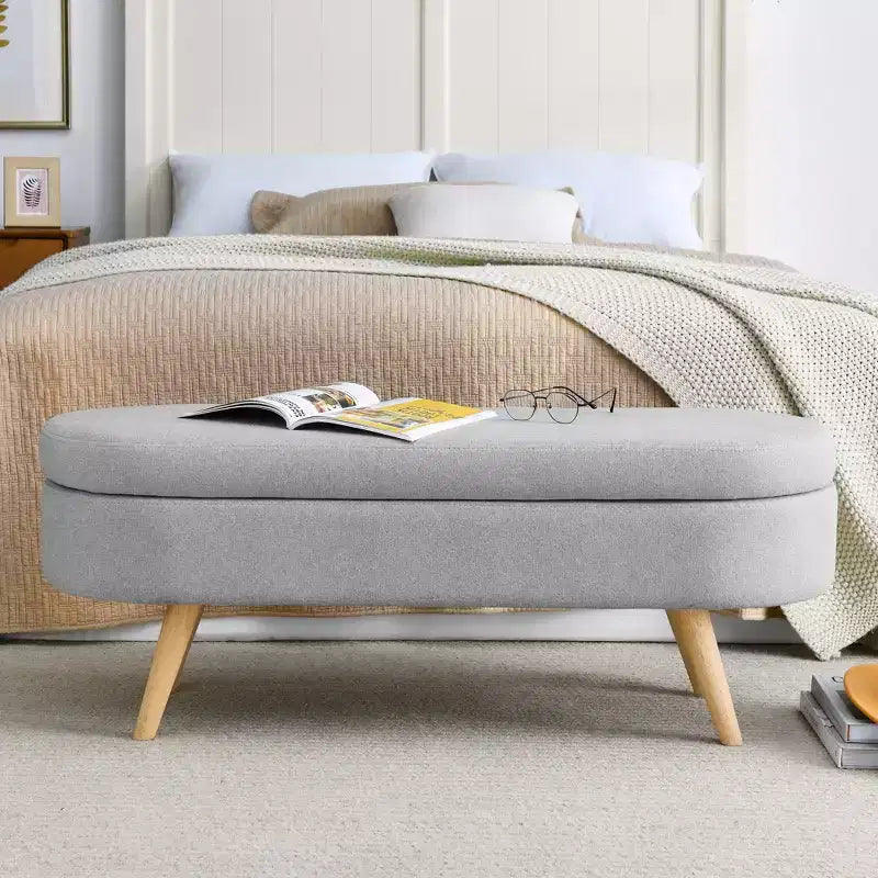 Oval Tufted Storage Bench with Rubberwood Legs