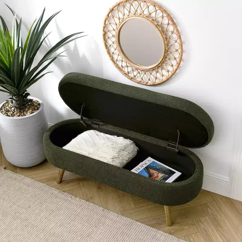 Oval Tufted Storage Bench with Rubberwood Legs