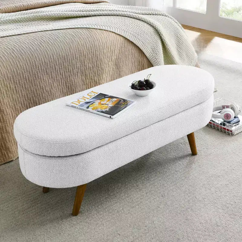 Oval Tufted Storage Bench with Rubberwood Legs