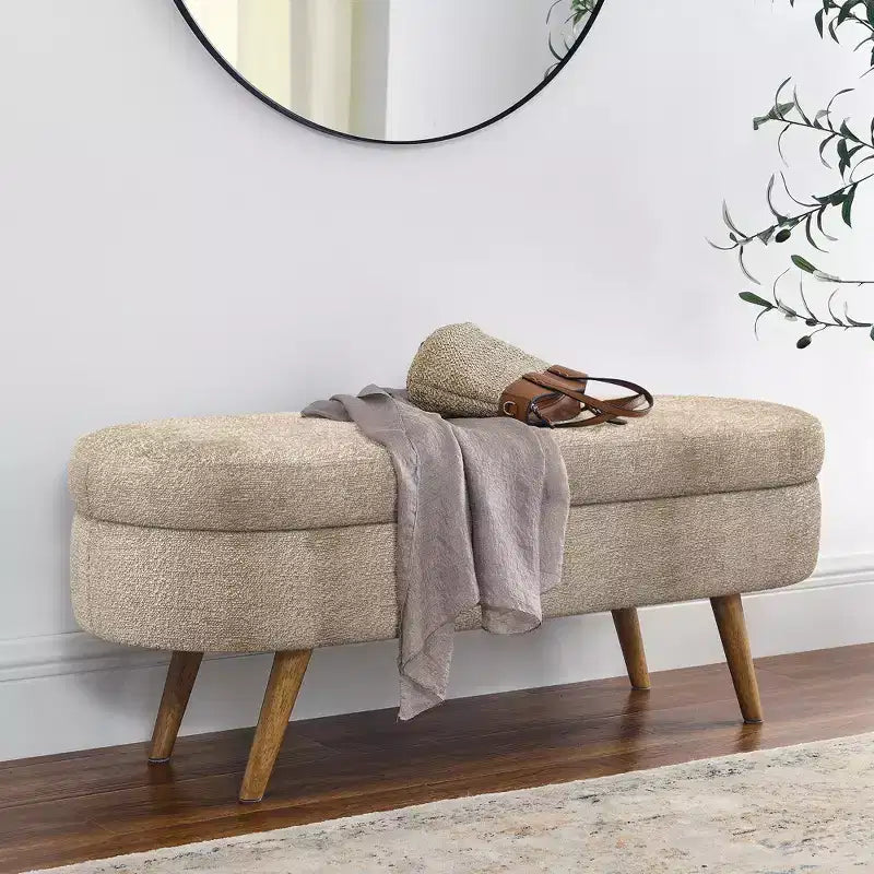 Oval Tufted Storage Bench with Rubberwood Legs