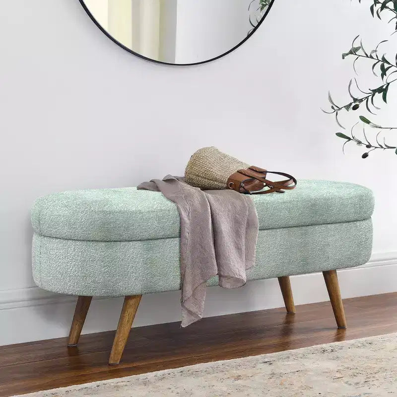 Oval Tufted Storage Bench with Rubberwood Legs