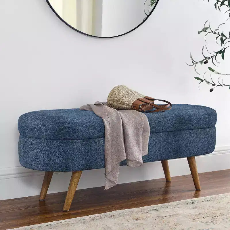 Oval Tufted Storage Bench with Rubberwood Legs