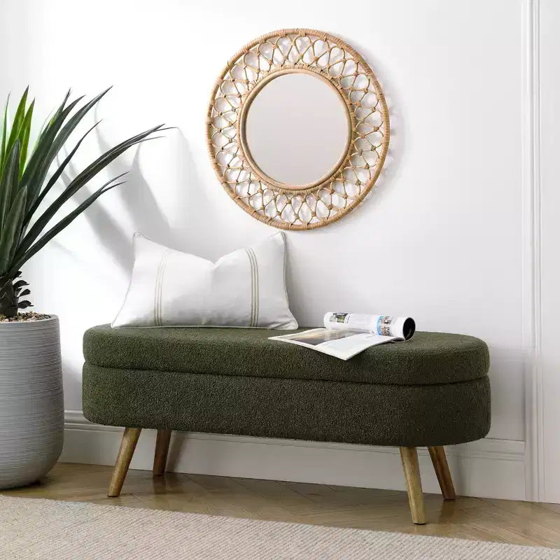 Oval Tufted Storage Bench with Rubberwood Legs