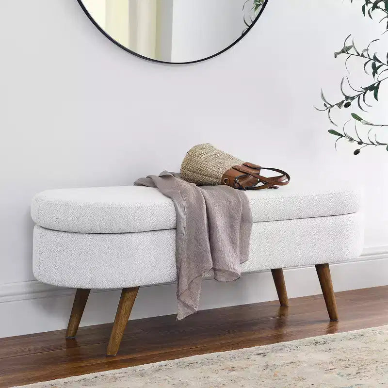 Oval Tufted Storage Bench with Rubberwood Legs