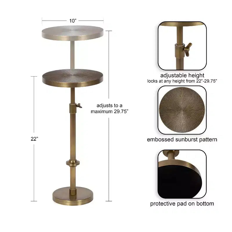 Adjustable Height Metal Drink Table & Plant Stand with Sunburst Pattern