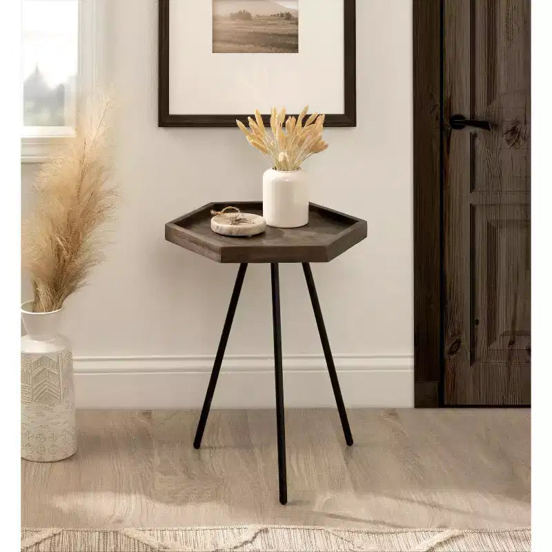 Hexagon Side Table with Black Metal Frame & White Basin