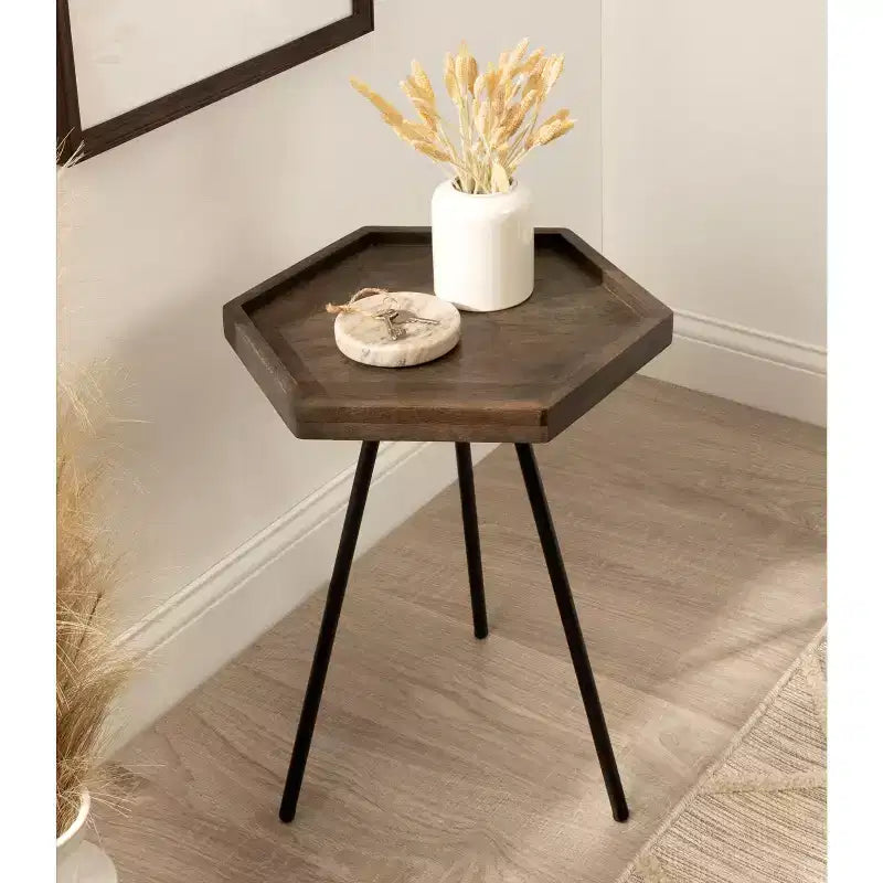 Hexagon Side Table with Black Metal Frame & White Basin