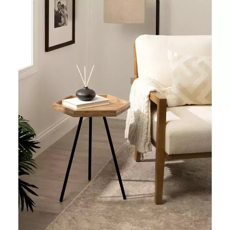 Hexagon Side Table with Black Metal Frame & White Basin