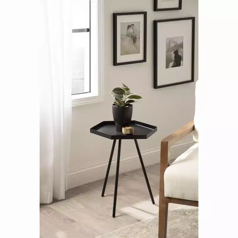 Hexagon Side Table with Black Metal Frame & White Basin