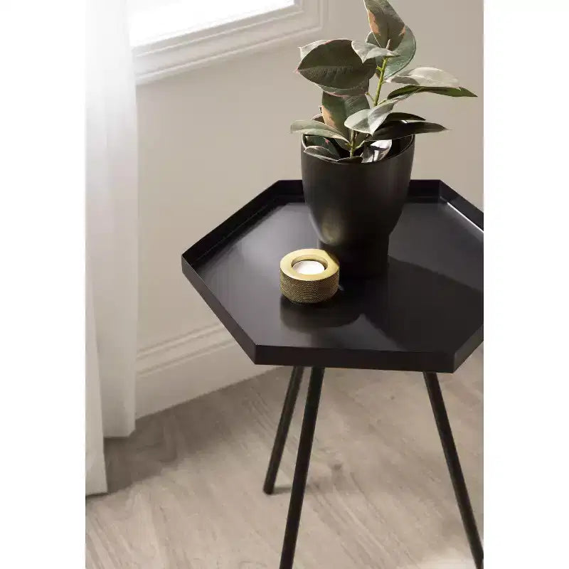 Hexagon Side Table with Black Metal Frame & White Basin