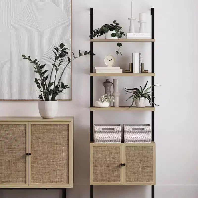 73" 3-Tier Rattan Ladder Bookshelf with Storage